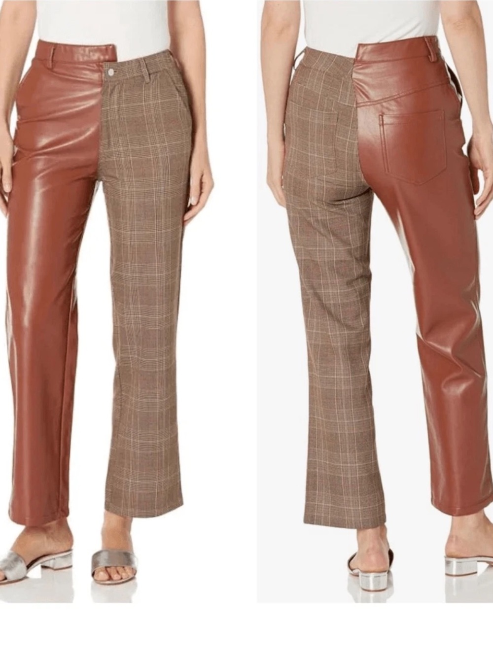 Steve Madden Two-Tone Brown Faux Leather & Plaid Straight-Leg Pants
